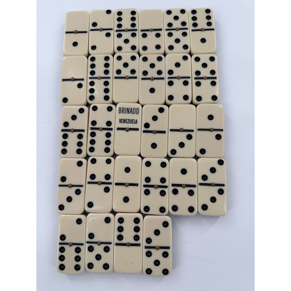 Vintage Brinadd Venezuela Dominoes Set Double Six Cream Black Brass Spinners Box